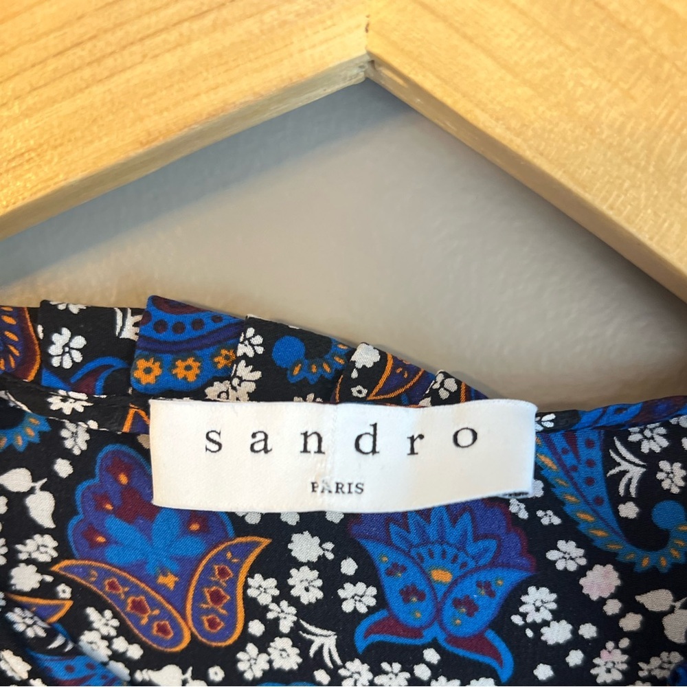 Sandro Paris Paisley Silk Shift Dress Mini Short Ruffle Blue Black Size 1 Small - Picture 5 of 7